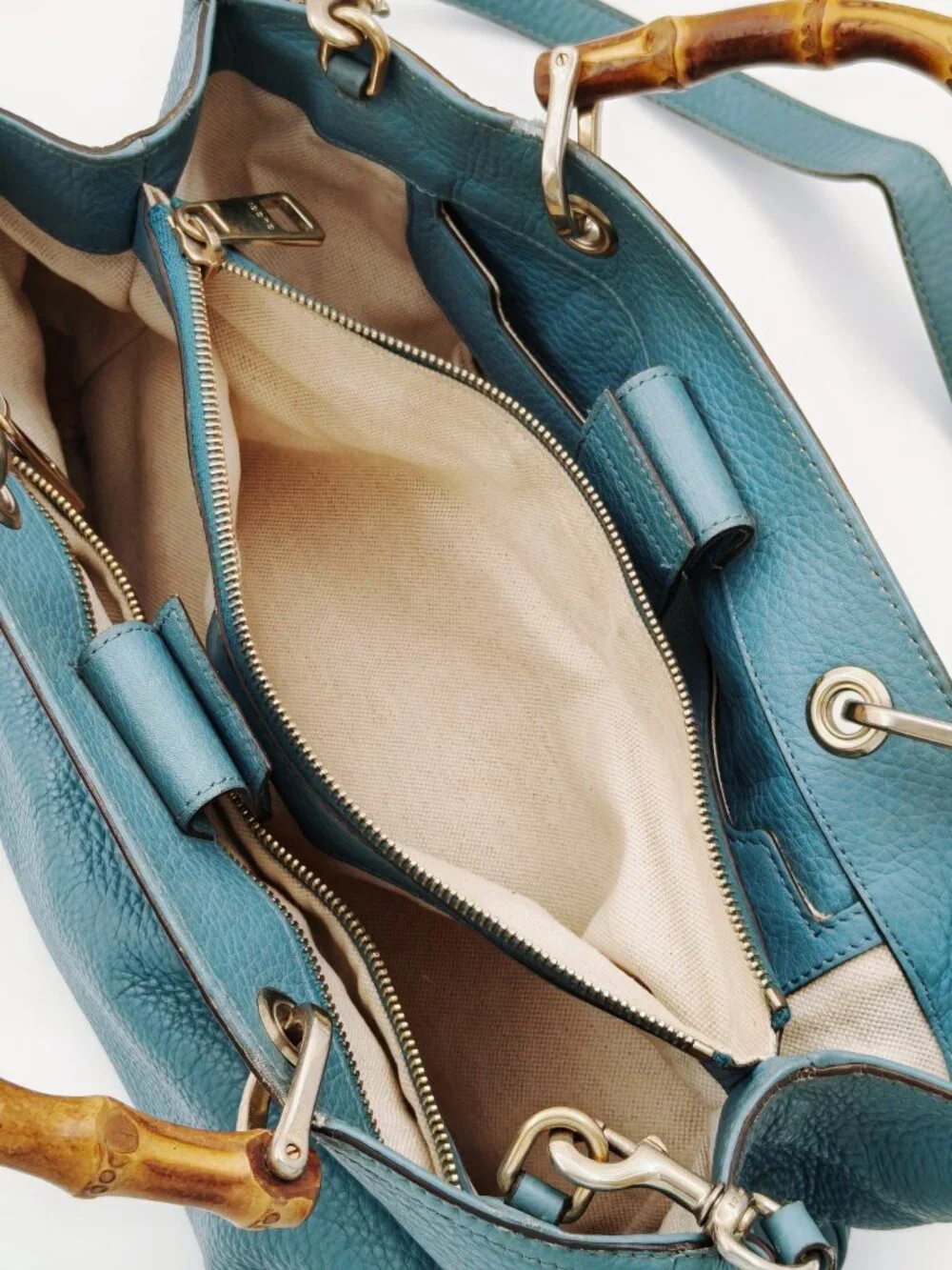 Gucci Bamboo Top Handle Leather Tote Bag Blue Convertible Satchel Italy